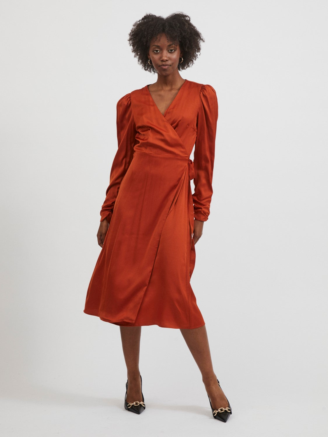 Miele Satin Wrap Midi Dress (Cinnamon ...